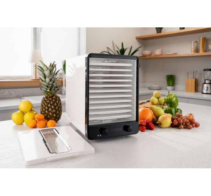 Сушарка для продуктів ARDESTO 550Вт, піддонів - 10+1x3см, макс - 70°С, сітка для ягід, пластик, білий