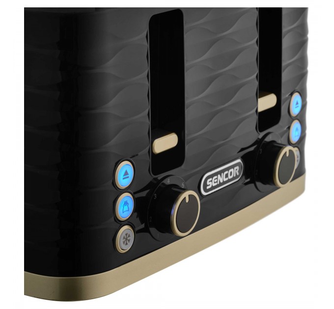 Тостер Sencor 1600Вт, подогрев, разморозка, 4 слота, пластик, черно-золотой