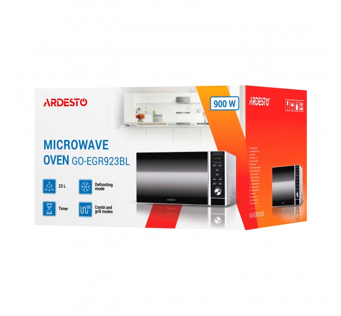 Микроволновая печь ARDESTO, 23л, электр. управл., 900Вт, гриль, дисплей, откр.кнопкой, черный