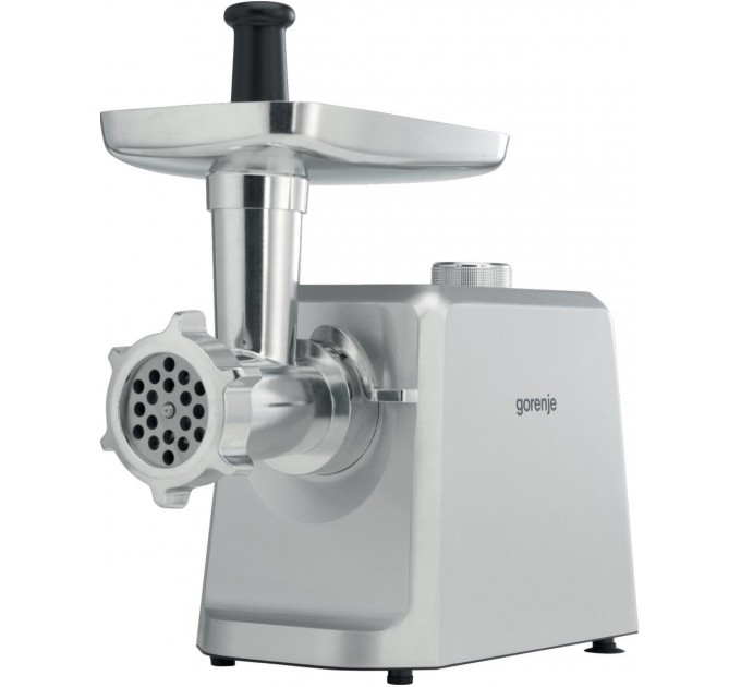 М'ясорубка Gorenje, 2500Вт, 2.4кг/хв, 3 решітки, насадка для ковбас, кеббе, томатів, 3 терки, пластик/метал, білий