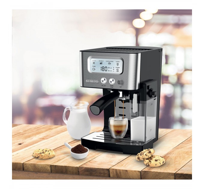 Кофеварка Sencor рожковая 1.4л, молотый, автоматический капучинатор, LCD-дисплей, нерж. сталь-черный