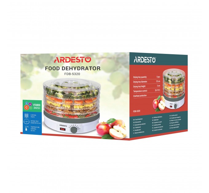 Сушка для продуктов ARDESTO FDB-5320, 245Вт, поддонов -5x3см, диаметр-32см, макс-70°С, рег.темп, пластик, белый