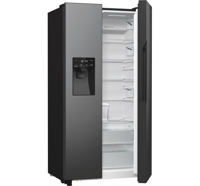 Холодильник SBS Gorenje, 179х70х92см, 2 дв., 376(190)л, А++, NF+, Инв. , Зона св-ти, диспенсер, генератор льда, Внешн.диспл, черный