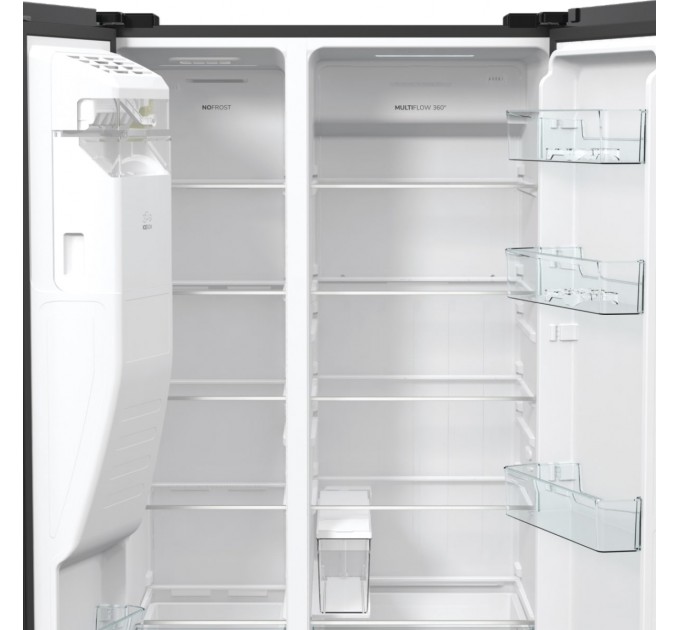 Холодильник SBS Gorenje, 179х70х92см, 2 дв., 376(190)л, А++, NF+, Инв. , Зона св-ти, диспенсер, генератор льда, Внешн.диспл, черный