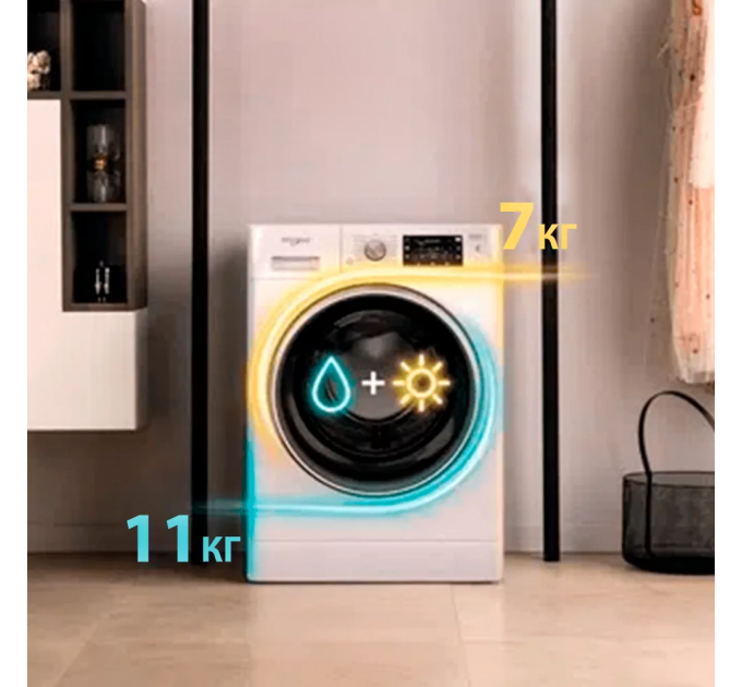 Стирально-сушильная машина Whirlpool фронтальная, 11(7)кг, 1600, A, 60см, дисплей, пар, инвертор, люк черный, белый