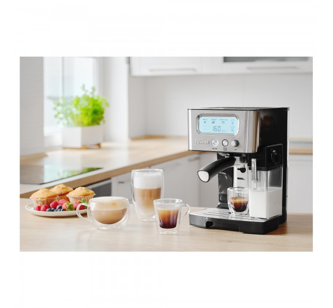 Кофеварка Sencor рожковая 1.4л, молотый, автоматический капучинатор, LCD-дисплей, нерж. сталь-черный