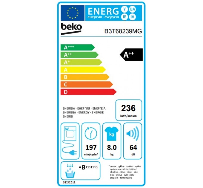 Сушильная машина Beko тепловой насос, 8кг, A++, 60см, дисплей, подсветка барабана, серый