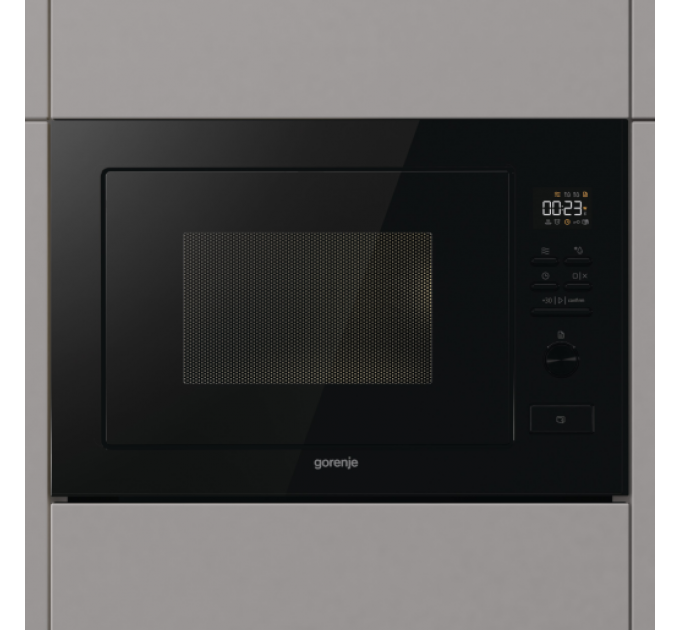 Микроволновая печь Gorenje встраиваемая, 25л, электр. управл., 900Вт, гриль, дисплей, черный