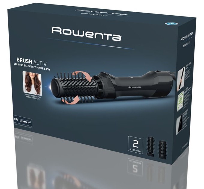 Фен-щетка Rowenta Renewal Brush Active, 1000Вт, режимов-3, иониз-я, хол. обдув, вращ. насадка, 2 насадки, керамика, черный