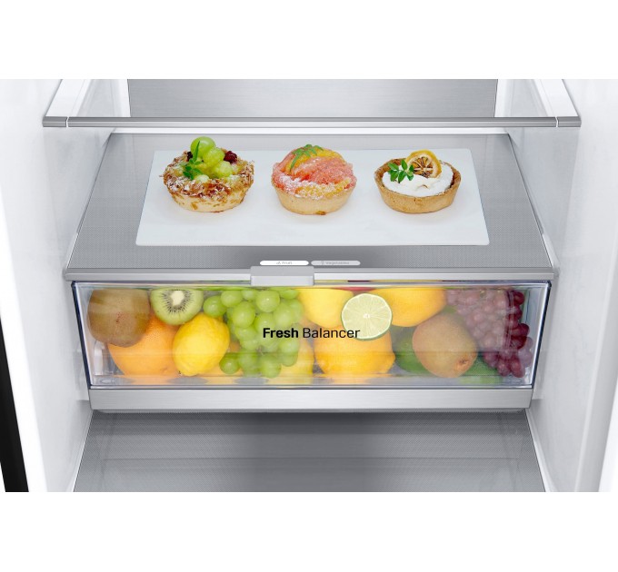 Холодильник LG с нижн. мороз., 203x60х68, холод.отд.-277л, мороз.отд.-110л, 2дв., E, NF, инв., диспл внешн., Fresh Сonverter, Metal Fresh, черный