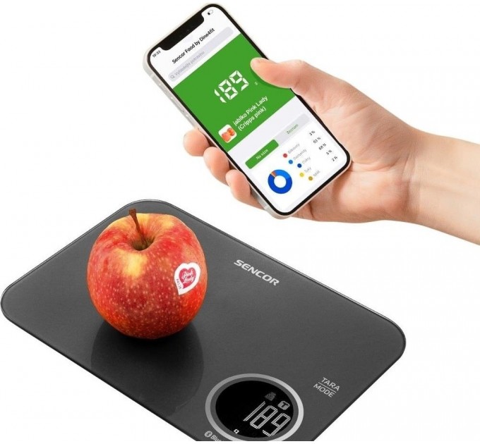 Весы Sencor кухонные, 5кг, подключение к смарфтону, AAAx2 , пластик, черный