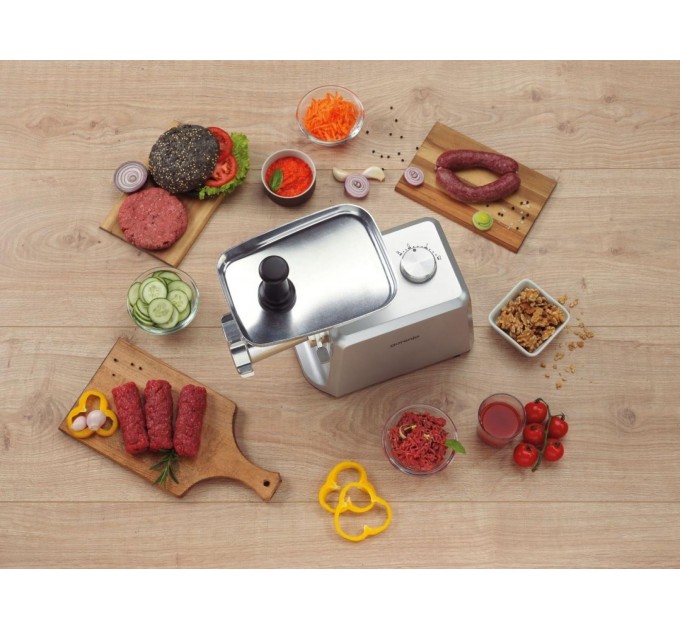 М'ясорубка Gorenje, 2500Вт, 2.4кг/хв, 3 решітки, насадка для ковбас, кеббе, томатів, 3 терки, пластик/метал, білий