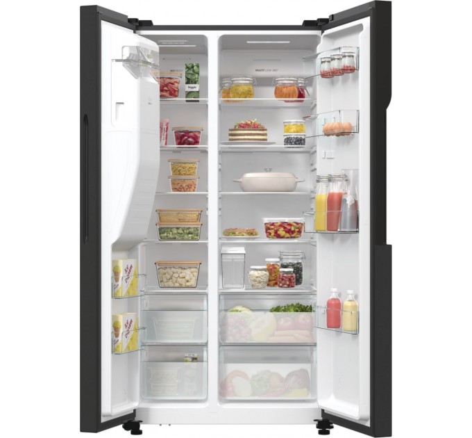 Холодильник SBS Gorenje, 179х70х92см, 2 дв., 376(190)л, А++, NF+, Инв. , Зона св-ти, диспенсер, генератор льда, Внешн.диспл, черный