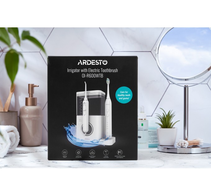 Ирригатор ARDESTO стационарный+электрическая зубная щётка, чаша 600 мл, от сети , 3 насадки, белый