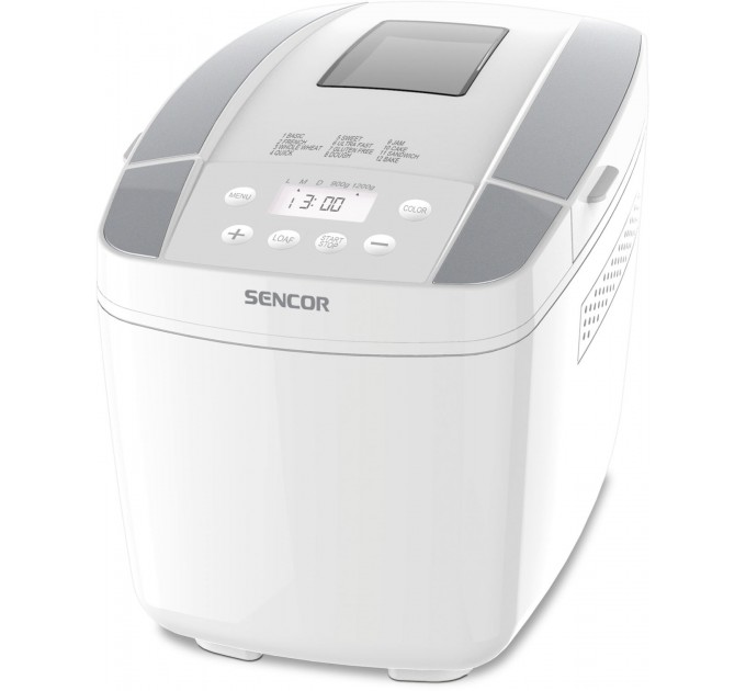 Хлебопечка Sencor 800Вт, программ-12, макс.вес -1.2кг, форма прямоугольник, пластик, белый