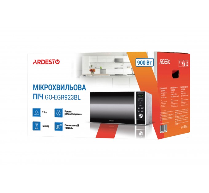 Микроволновая печь ARDESTO, 23л, электр. управл., 900Вт, гриль, дисплей, откр.кнопкой, черный