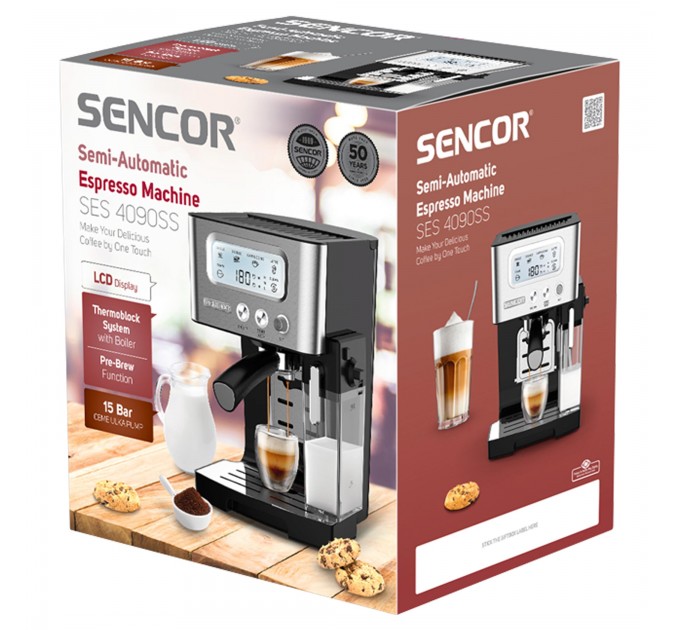 Кофеварка Sencor рожковая 1.4л, молотый, автоматический капучинатор, LCD-дисплей, нерж. сталь-черный