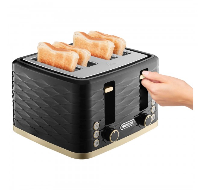 Тостер Sencor 1600Вт, подогрев, разморозка, 4 слота, пластик, черно-золотой