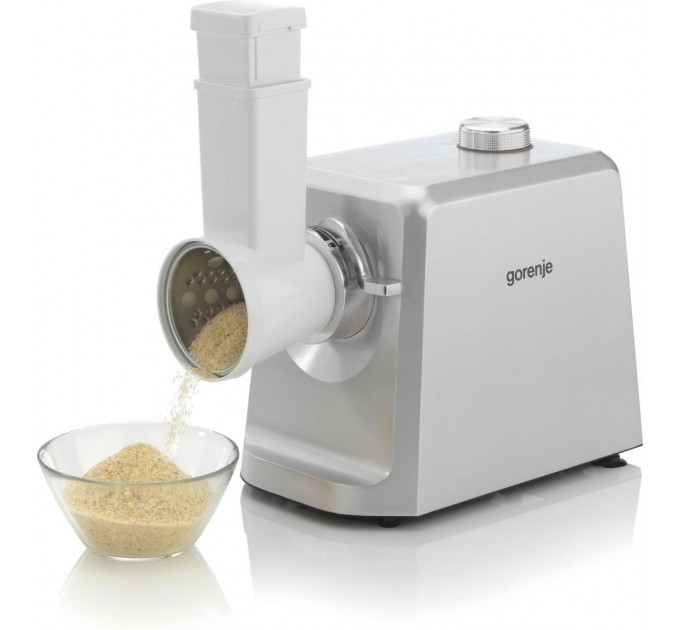М'ясорубка Gorenje, 2500Вт, 2.4кг/хв, 3 решітки, насадка для ковбас, кеббе, томатів, 3 терки, пластик/метал, білий