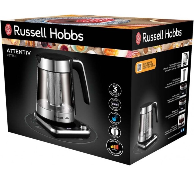 Электрочайник Russell Hobbs Attentiv Kettle, 1.7л, Strix, стекло, база с отсеком для шнура, серый