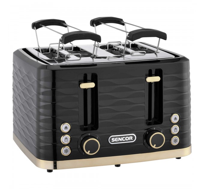 Тостер Sencor 1600Вт, подогрев, разморозка, 4 слота, пластик, черно-золотой