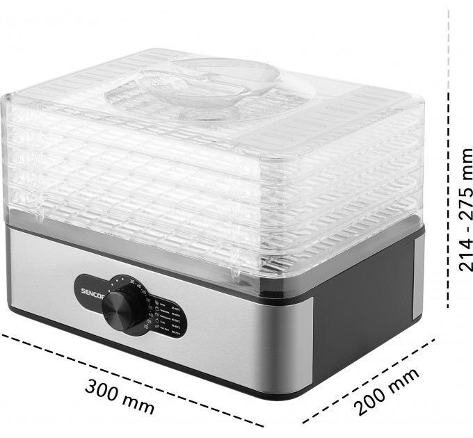Сушка для продуктов Sencor 240Вт, поддонов - 5x2.9см, диаметр - 29см, макс - 70°С, металл, пластик, серый