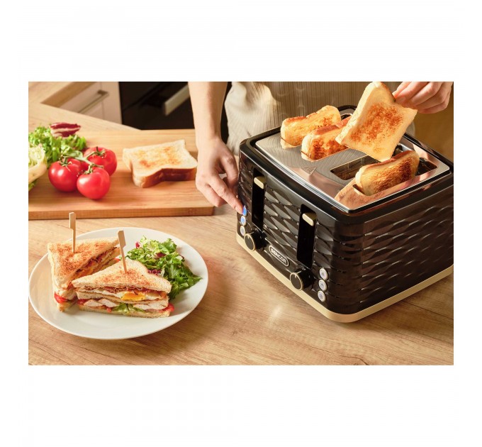 Тостер Sencor 1600Вт, подогрев, разморозка, 4 слота, пластик, черно-золотой