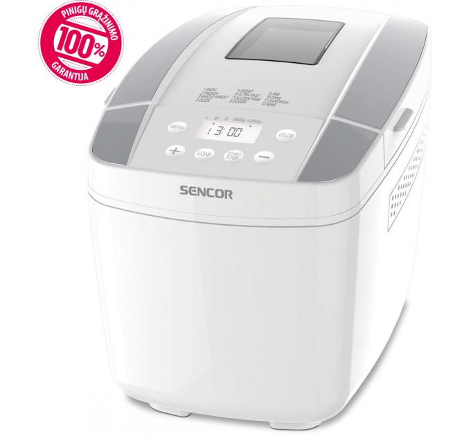 Хлебопечка Sencor 800Вт, программ-12, макс.вес -1.2кг, форма прямоугольник, пластик, белый