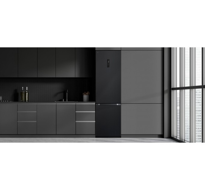 Холодильник LG с нижн. мороз., 203x60х68, холод.отд.-277л, мороз.отд.-110л, 2дв., E, NF, инв., диспл внешн., Fresh Сonverter, Metal Fresh, черный