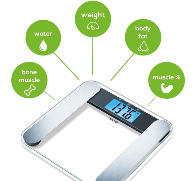 Весы Beurer напольные, 180кг, толщина 8мм, большой дисплей, СR2032x2 в компл, стекло, прозрачные