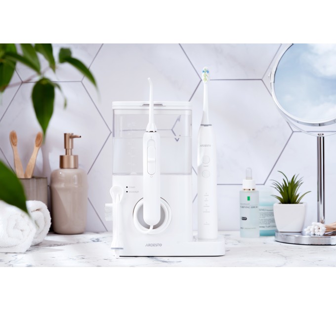 Ирригатор ARDESTO стационарный+электрическая зубная щётка, чаша 600 мл, от сети , 3 насадки, белый