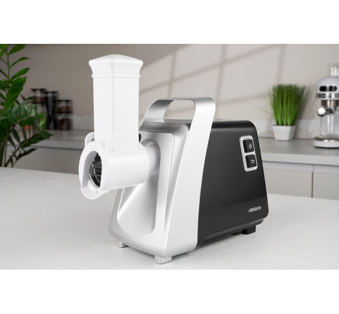 М'ясорубка ARDESTO, 2100Вт, 2кг/хв, 3 решітки, насадка для ковбас, кеббе, томатів, 3 терки, бургер-прес, пластик, чорно-срібний