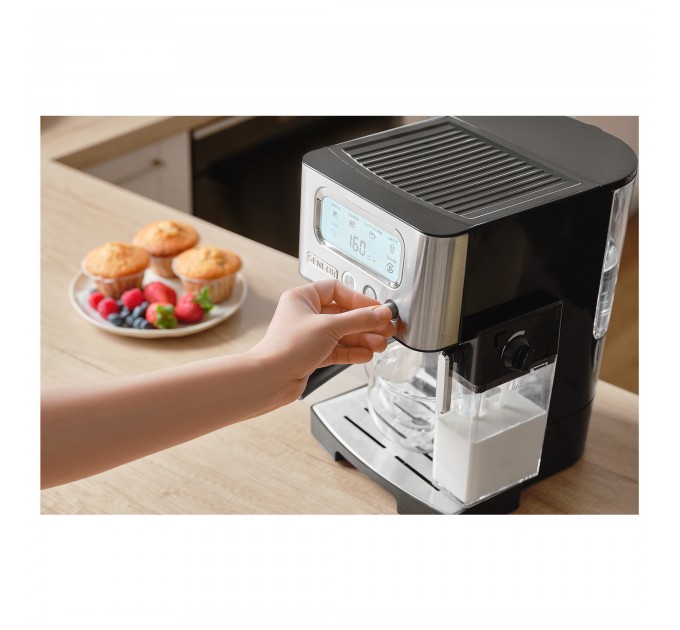 Кофеварка Sencor рожковая 1.4л, молотый, автоматический капучинатор, LCD-дисплей, нерж. сталь-черный