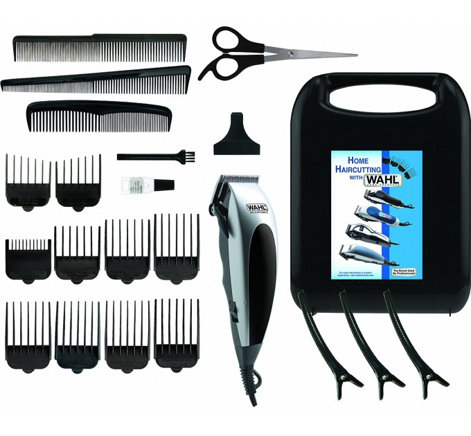 Машинка для стрижки WAHL HomePro, від мережі, вібраційний мотор, насадок-8, кейс,ножиці, гребінець в компл, сталь, чорно-сріблястий