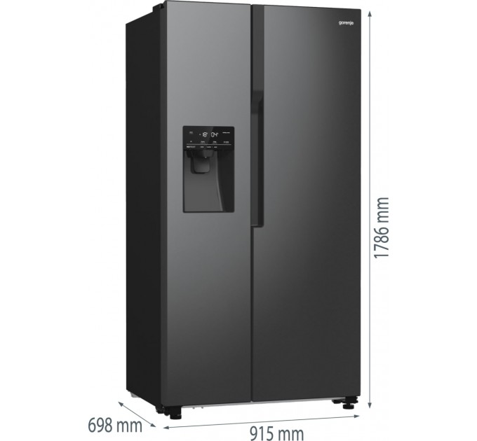 Холодильник SBS Gorenje, 179х70х92см, 2 дв., 376(190)л, А++, NF+, Инв. , Зона св-ти, диспенсер, генератор льда, Внешн.диспл, черный