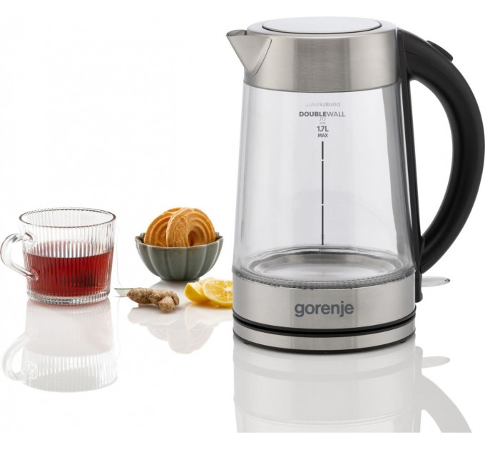 Электрочайник Gorenje 1.7л, 2,200 Вт, strix контроль, стекло, нерж