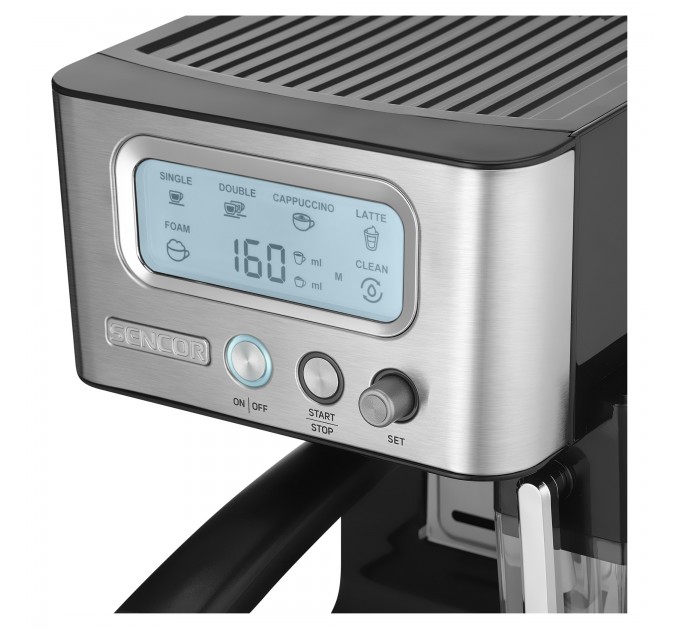 Кофеварка Sencor рожковая 1.4л, молотый, автоматический капучинатор, LCD-дисплей, нерж. сталь-черный