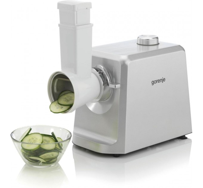 М'ясорубка Gorenje, 2500Вт, 2.4кг/хв, 3 решітки, насадка для ковбас, кеббе, томатів, 3 терки, пластик/метал, білий