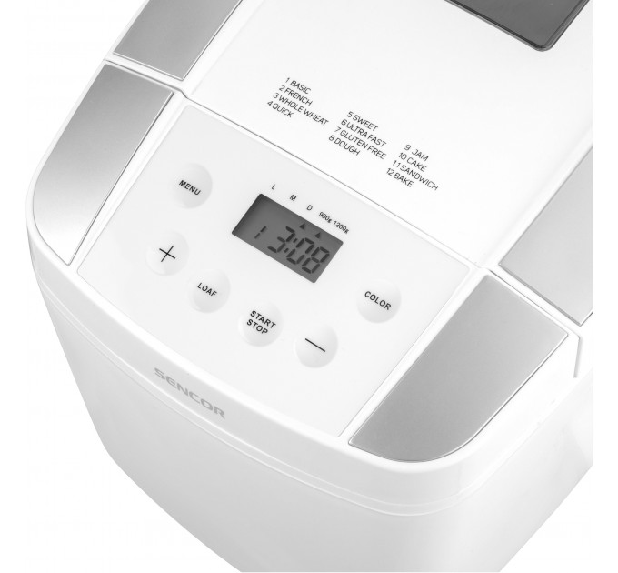 Хлебопечка Sencor 800Вт, программ-12, макс.вес -1.2кг, форма прямоугольник, пластик, белый