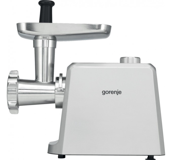 М'ясорубка Gorenje, 2500Вт, 2.4кг/хв, 3 решітки, насадка для ковбас, кеббе, томатів, 3 терки, пластик/метал, білий