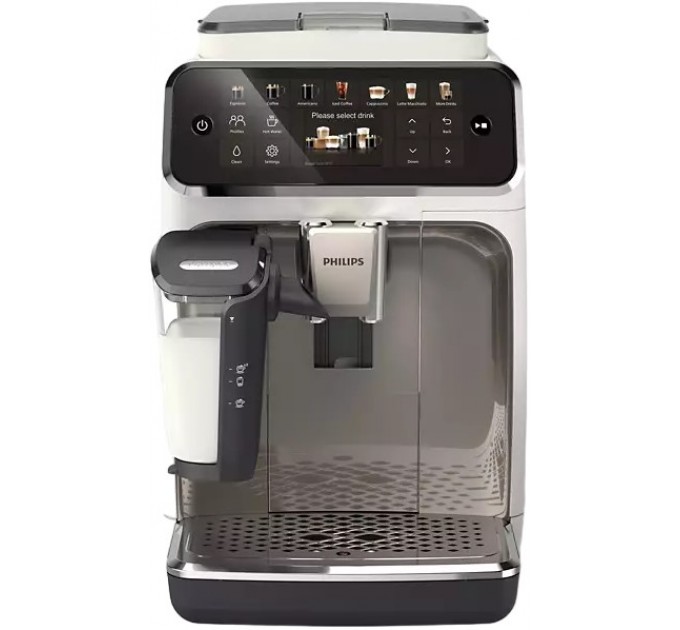 Кофемашина Philips Series 4400 LatteGo, 1.8л, зерно+мол., автомат.капуч, дисплей, авторецептов -12, бело-серебристый