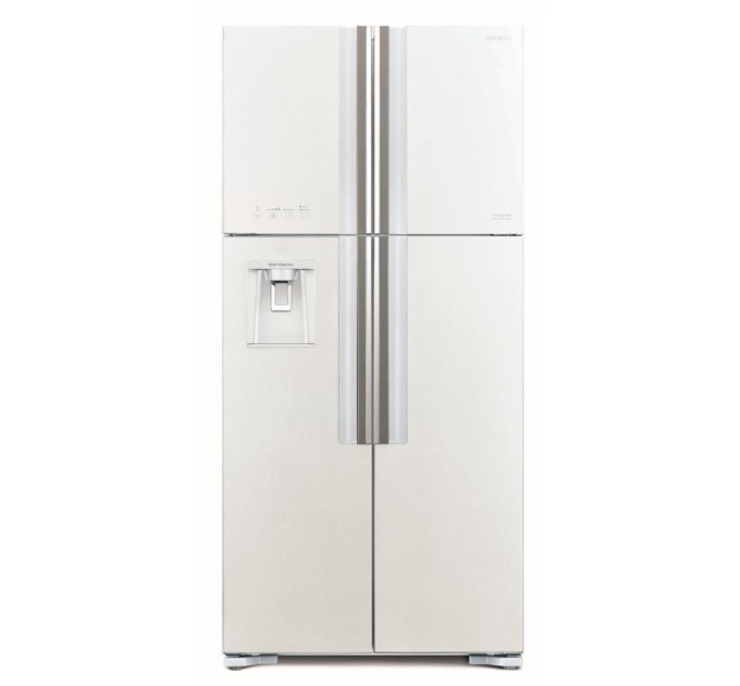 Холодильник Hitachi багатодверний, 184x86х75, холод.відд.-396л, мороз.відд.-144л, 4дв., А+, NF, інв., зона нульова, диспенсер, білий (скло)