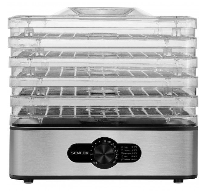Сушка для продуктов Sencor 240Вт, поддонов - 5x2.9см, диаметр - 29см, макс - 70°С, металл, пластик, серый