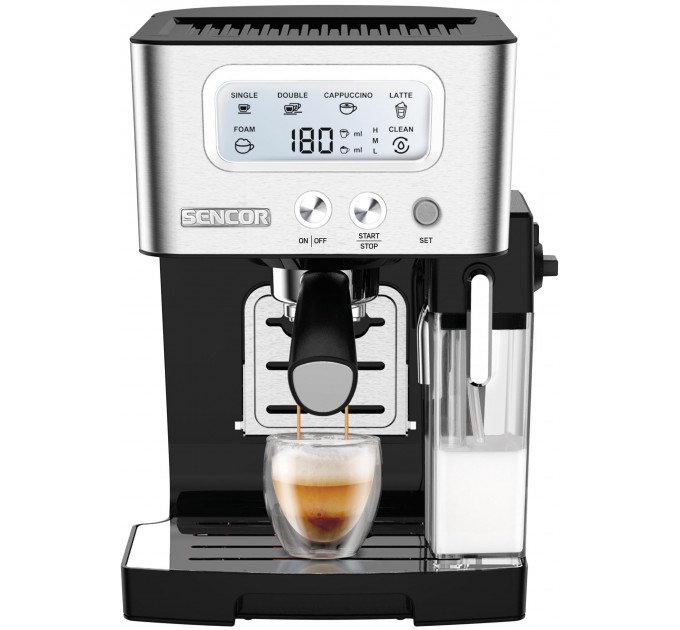Кофеварка Sencor рожковая 1.4л, молотый, автоматический капучинатор, LCD-дисплей, нерж. сталь-черный