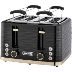 Тостер Sencor 1600Вт, подогрев, разморозка, 4 слота, пластик, черно-золотой