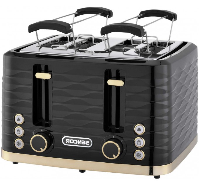 Тостер Sencor 1600Вт, подогрев, разморозка, 4 слота, пластик, черно-золотой