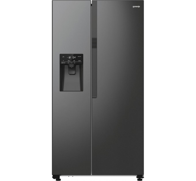 Холодильник SBS Gorenje, 179х70х92см, 2 дв., 376(190)л, А++, NF+, Инв. , Зона св-ти, диспенсер, генератор льда, Внешн.диспл, черный