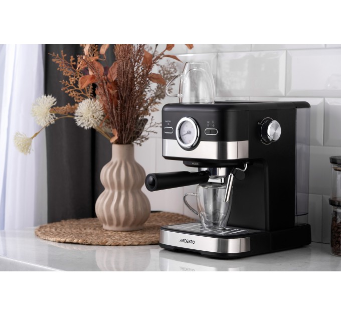 Кавоварка ARDESTO ріжкова 1.5л, мелена, ручний капучинатор, чорно-сріблястий