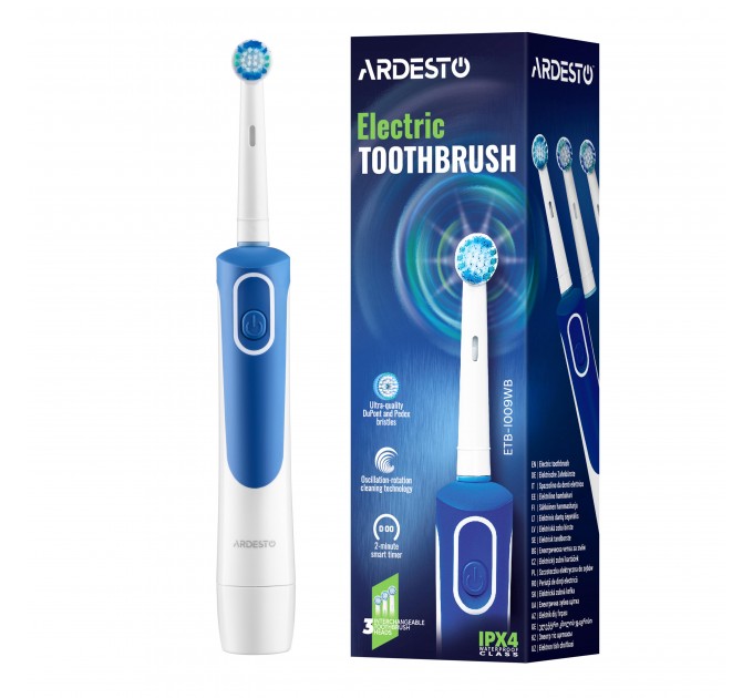 Щетка зубная электр. ARDESTO, ETB-I009WB, 4,5т. колеб/мин, насадок-3, IPX4, белый+синий