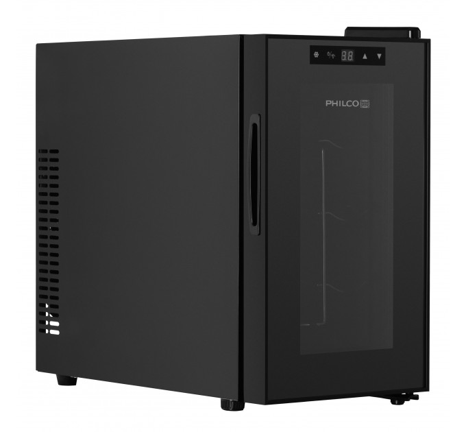 Холодильник Philco для вина, 45х25х50, холод.отд.-21л, зон - 1, бут-8, диспл, подсветка, черный